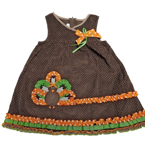 Brown Polka Dot Bonnie Jean Girls Dress Size 4T With Colorful Turkey Bow Design - Picture 1 of 11